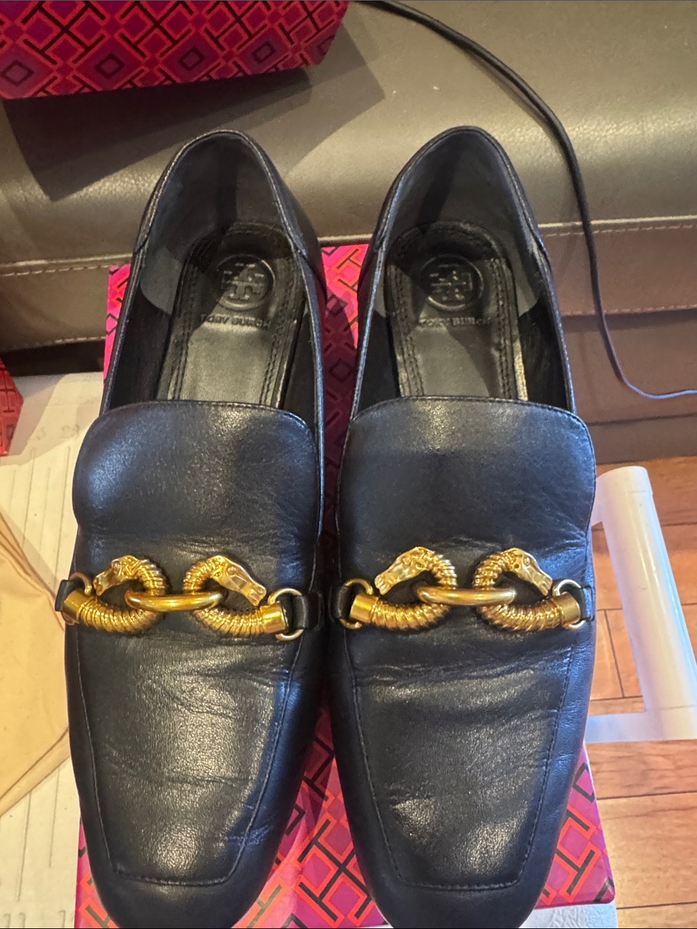 Tory Burch Black Leather Loafers with Gold Chain Detail